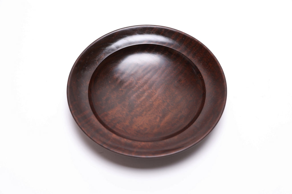Thermally modified tiger maple wooden bowl top view rotated showing stunning natural wood figure in light