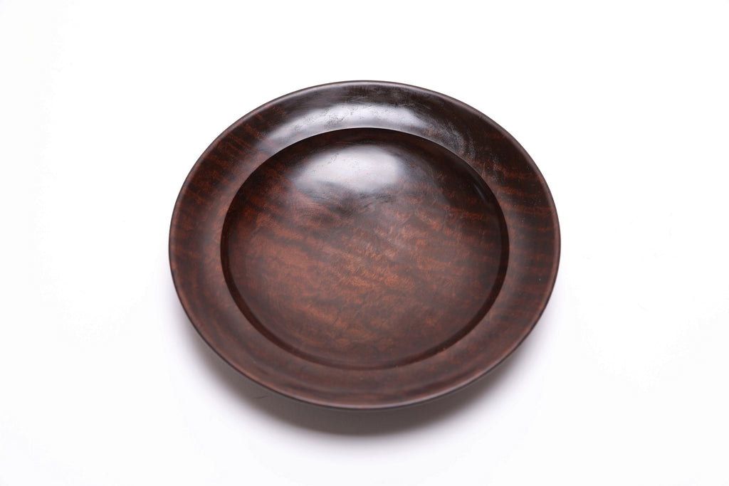 Thermally modified tiger maple wooden bowl top view rotated showing chatoyant tiger maple grain
