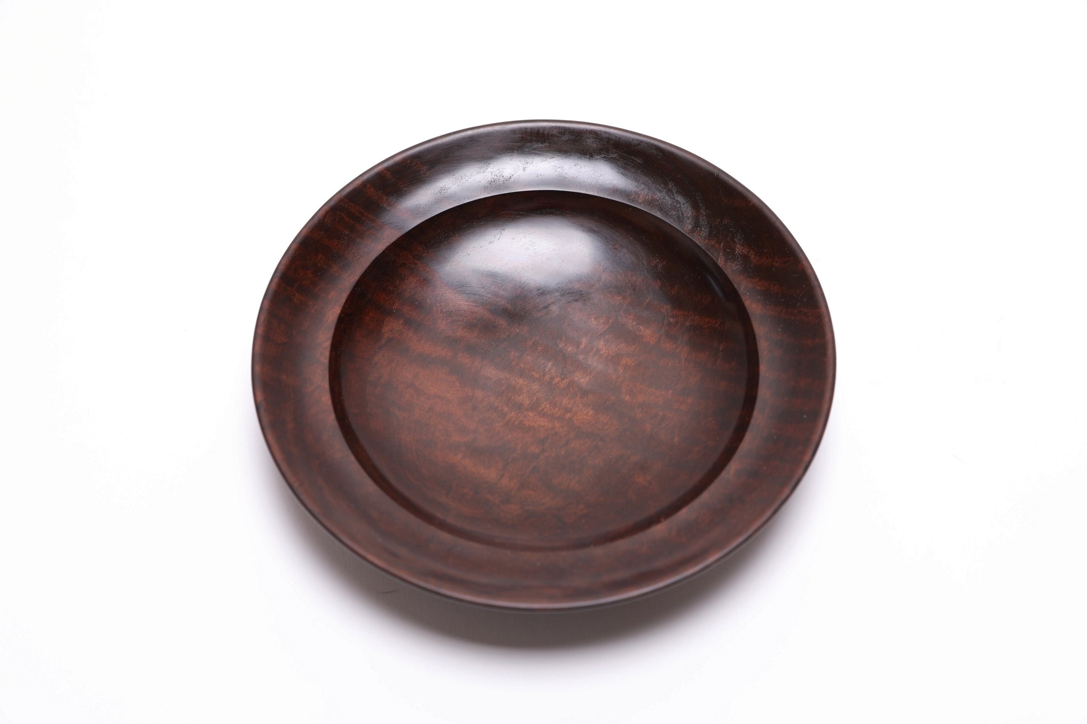 Thermally modified tiger maple wooden bowl top view rotated showing chatoyant tiger maple grain