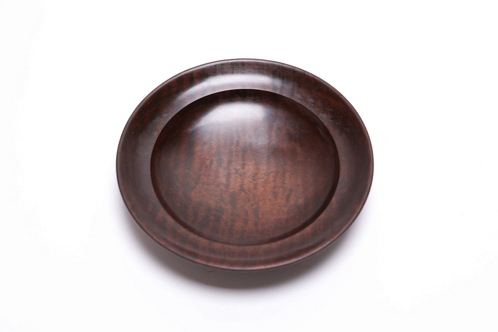 Thermally modified tiger maple wooden bowl top view rotated 270 degrees showing full figure and form