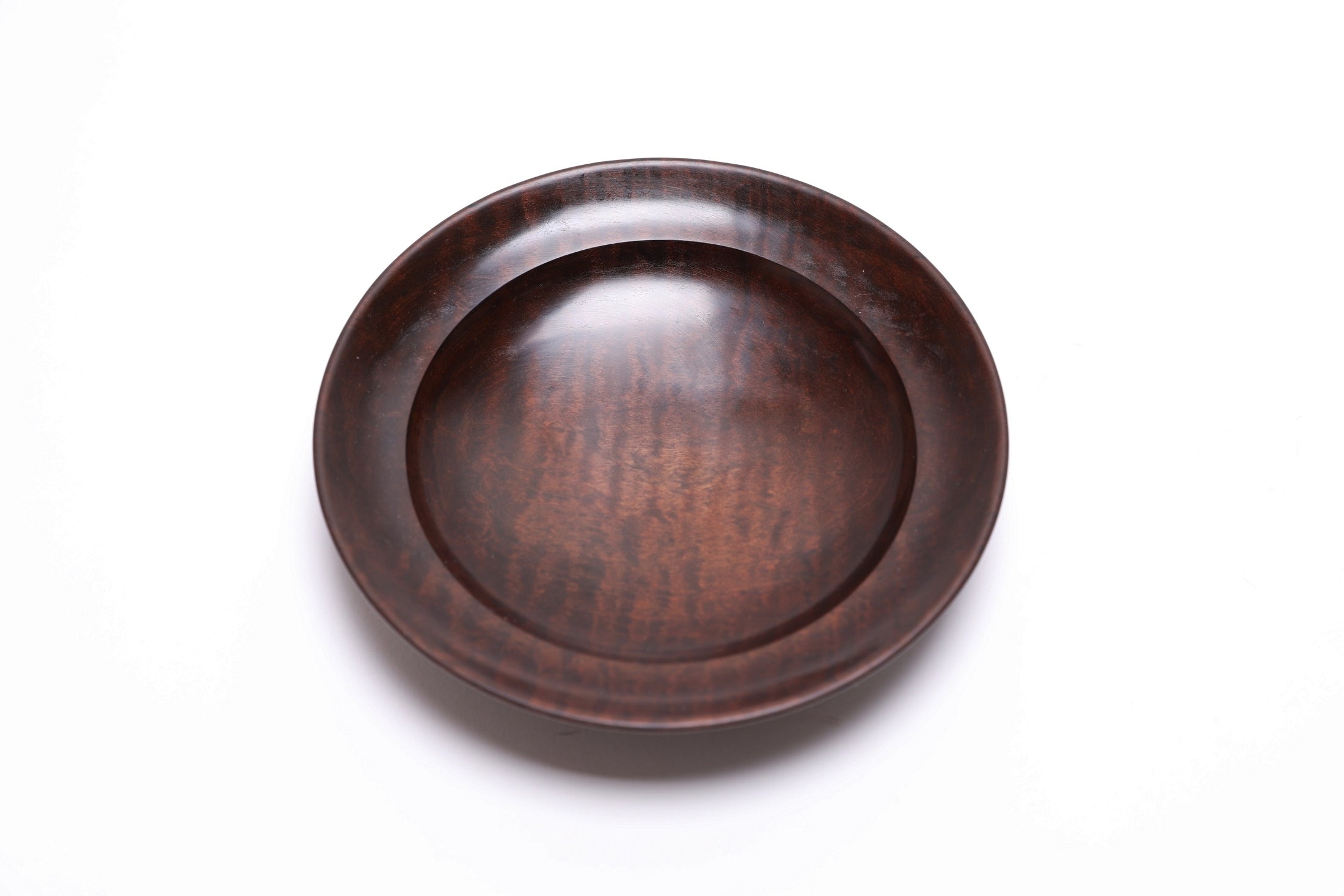 Thermally modified tiger maple wooden bowl top view rotated 270 degrees showing full figure and form