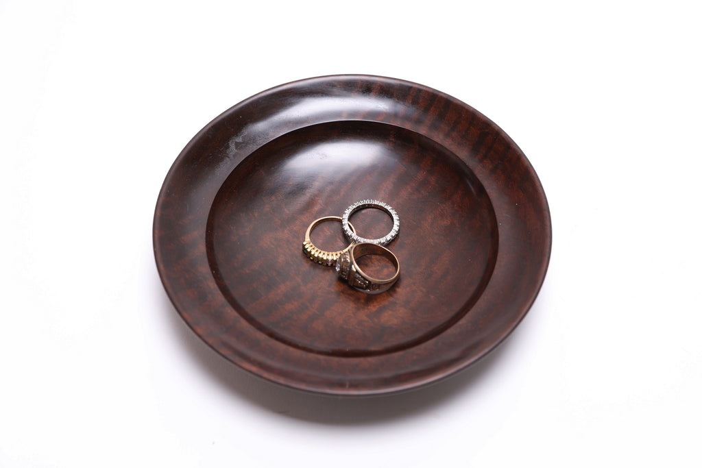 Thermally modified tiger maple wooden bowl top view with three rings for scale, 5 7/8 inches wide