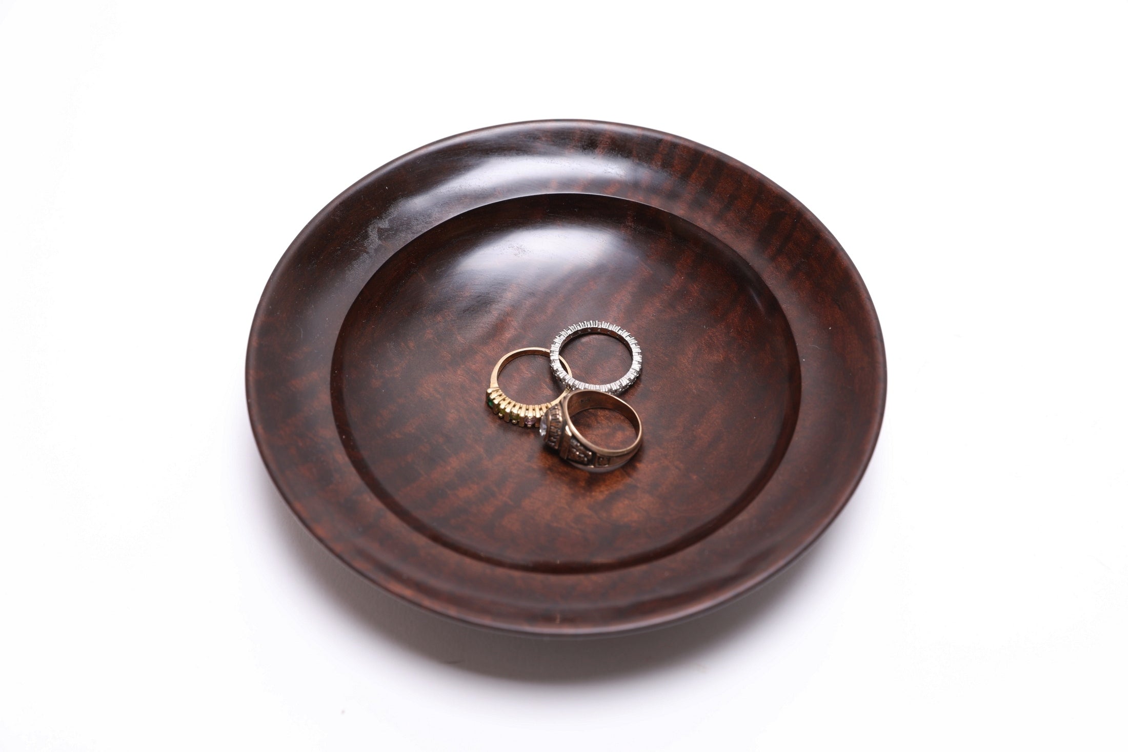 Thermally modified tiger maple wooden bowl top view with three rings for scale, 5 7/8 inches wide