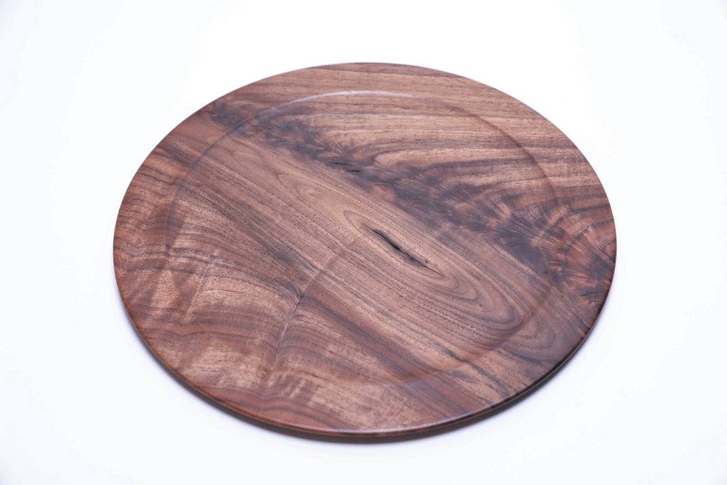 Wild black walnut crotch burl wooden platter, top view rotated 45°, showing natural grain pattern