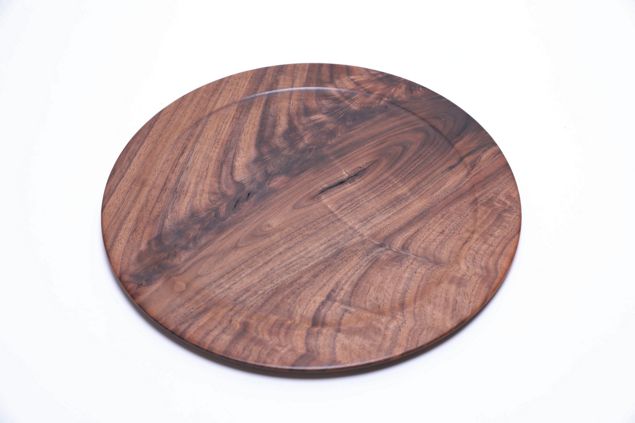 Black walnut burl platter top view rotated 45°, highlighting crotch burl figure and grain
