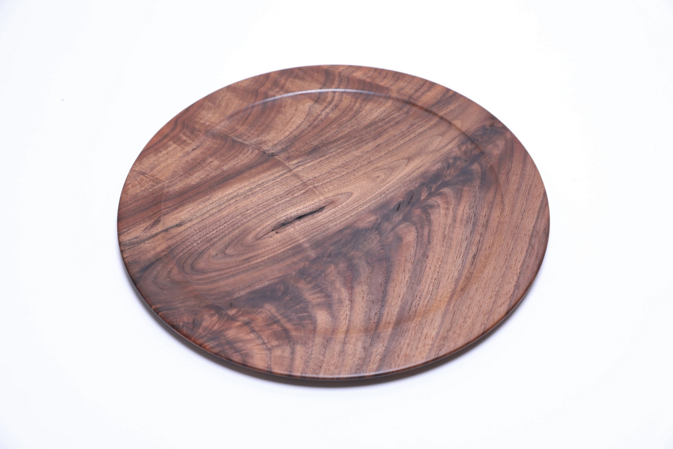 Wild black walnut platter, top view rotated 45°, crotch burl figure across full surface