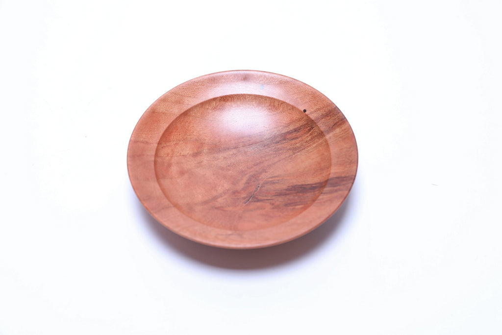 Wild black cherry wooden ring dish, top view at 180°, showcasing repaired worm holes and natural character
