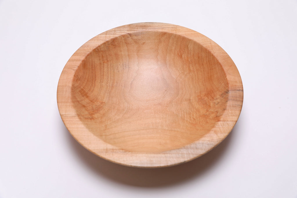 Sugar maple chopping bowl, top view at 0°, showing tiger figure and natural grain
