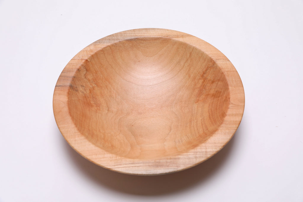 Sugar maple chopping bowl, top view at 180°, rich tiger figure and food-safe oil finish