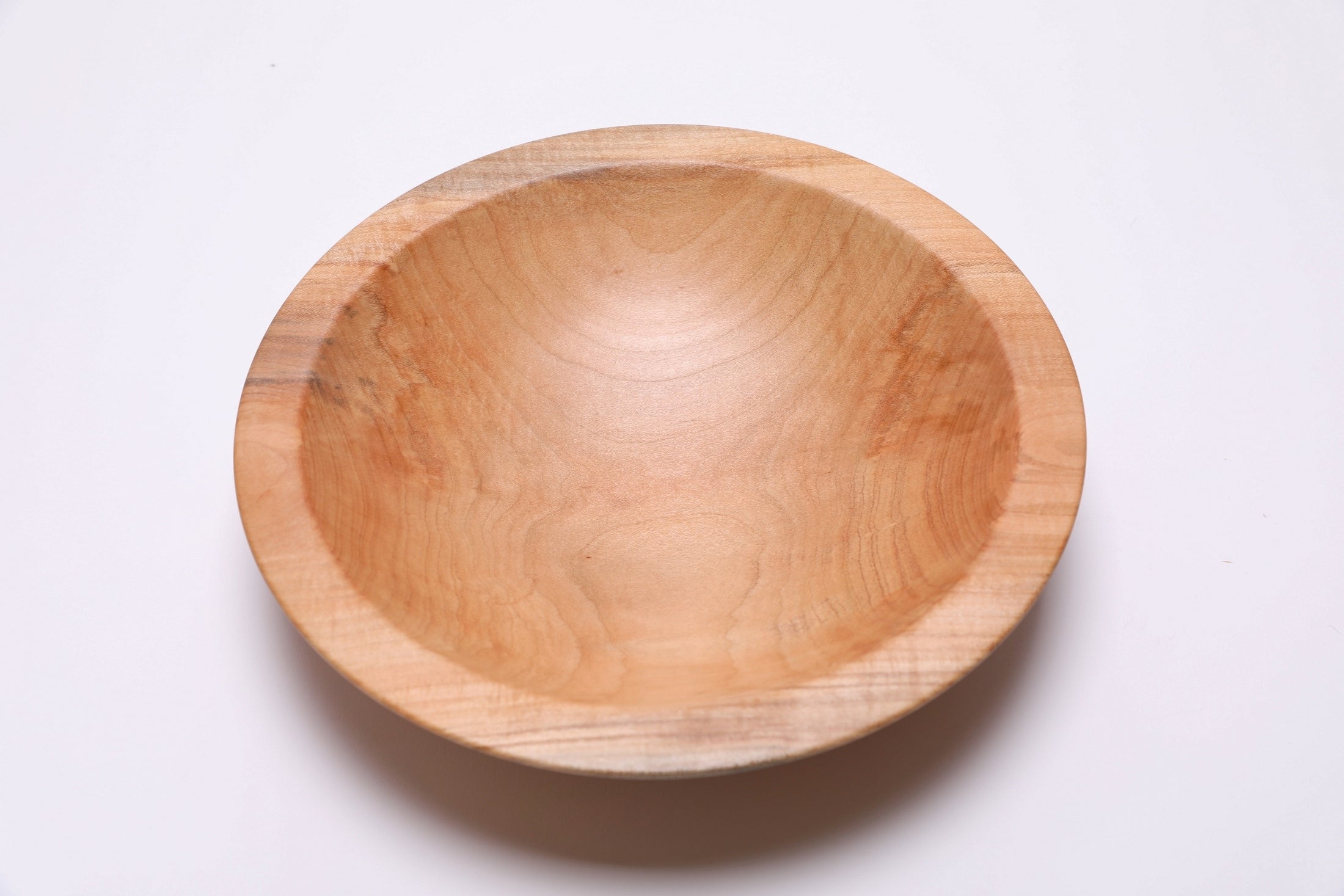 Sugar maple chopping bowl, top view at 180°, rich tiger figure and food-safe oil finish