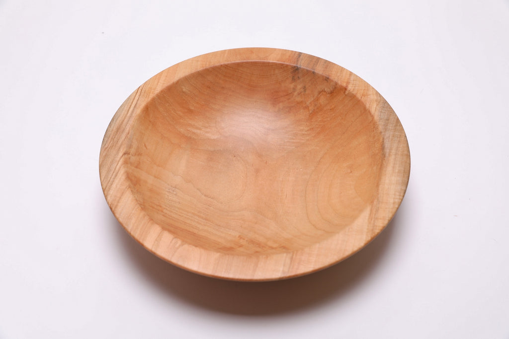 Sugar maple chopping bowl, top view at 270°, natural grain and rounded edge rim detail