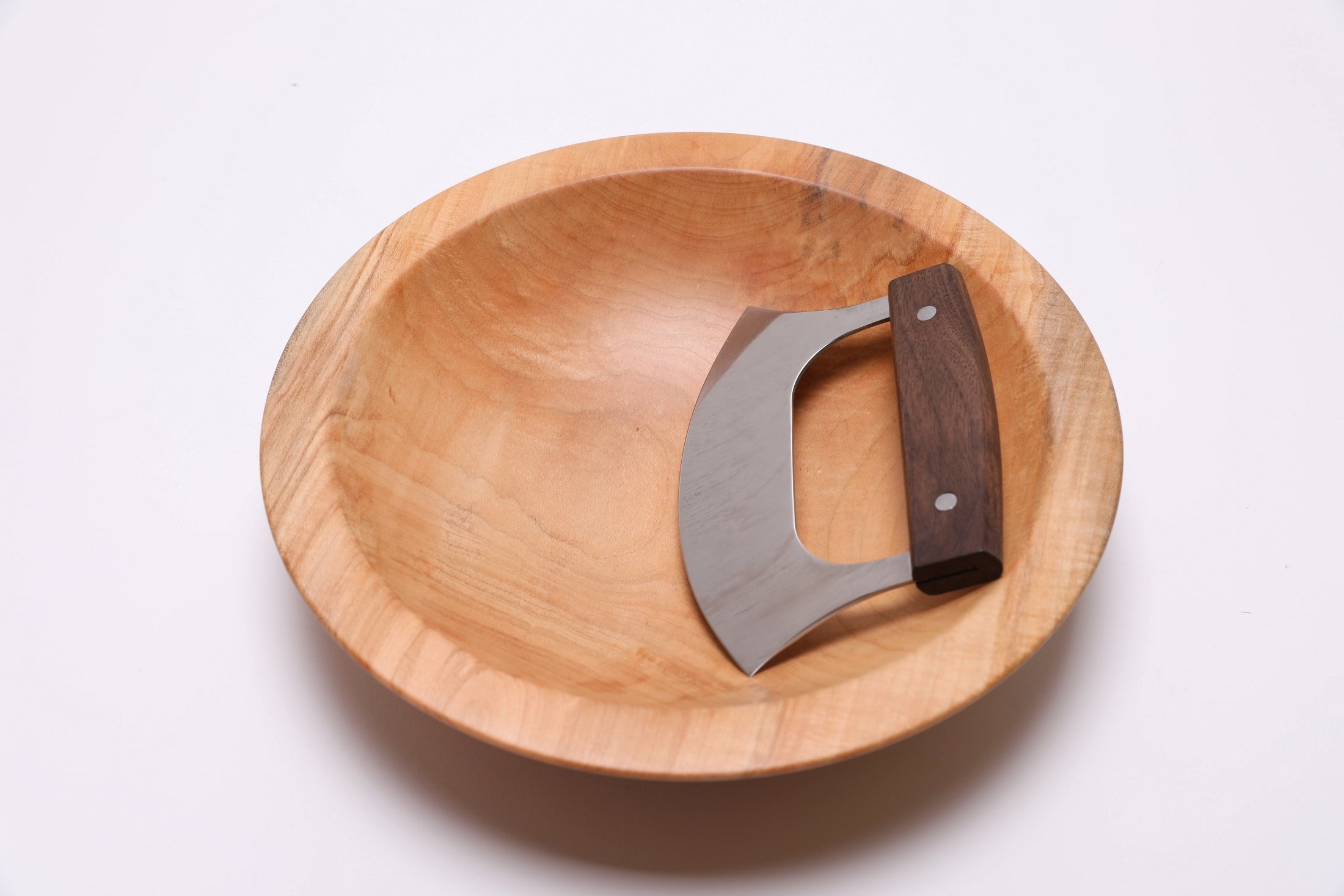 sugar maple chopping bowl with mezzaluna chopping knife for scale — knife not included
