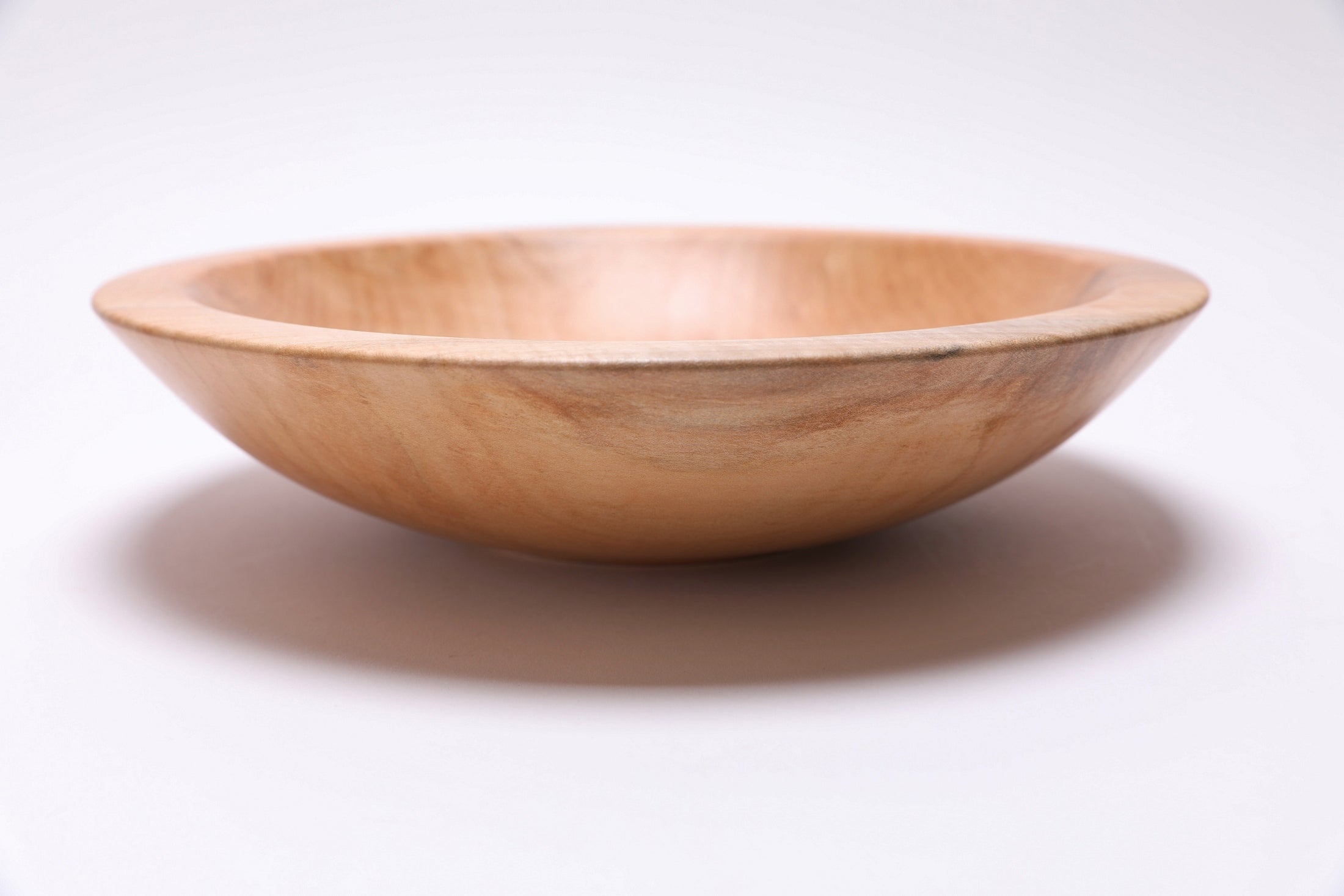 Sugar maple chopping bowl, side view at 270°, raised foot and spalted rim visible