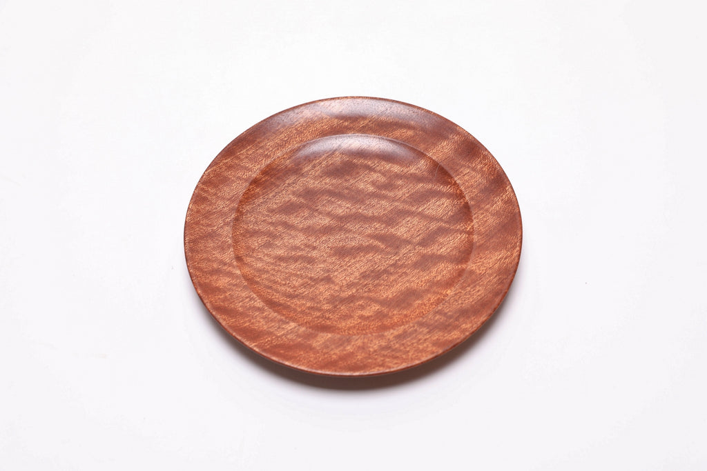 Pommele ribbon sapele wooden ring dish, top view rotated 45°, rich figure and food-safe oil finish