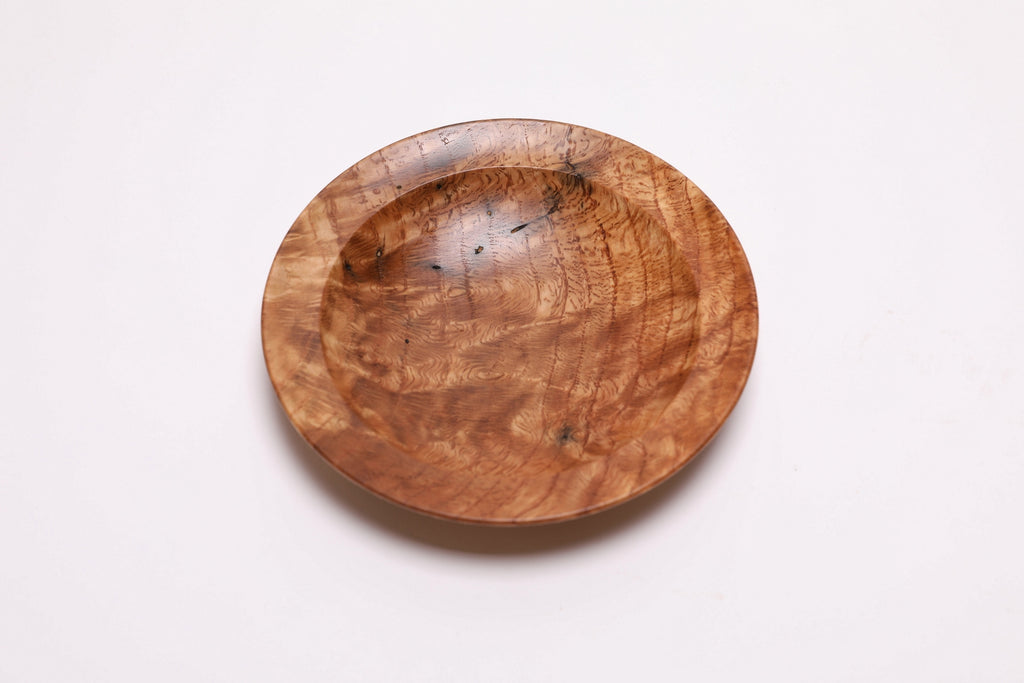 Wormy white oak crotch burl wooden bowl, top view at 90°, highlighting burl figure and natural grain pattern