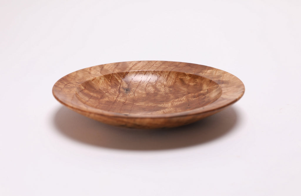Wormy white oak crotch burl wooden bowl, side view at 0°, showing 1" depth and handcrafted profile