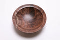 Wild black walnut crotch burl wooden bowl, top view at 0°, showing crotch burl figure and repaired knot