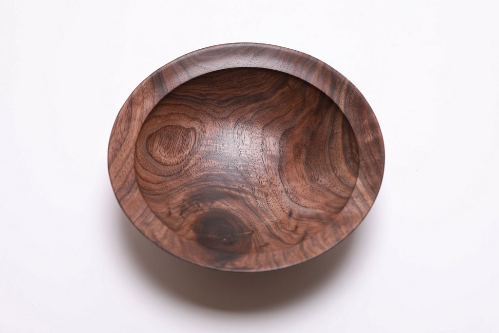 Wild black walnut crotch burl wooden bowl, top view at 180°, rich milk chocolate and red amber coloration