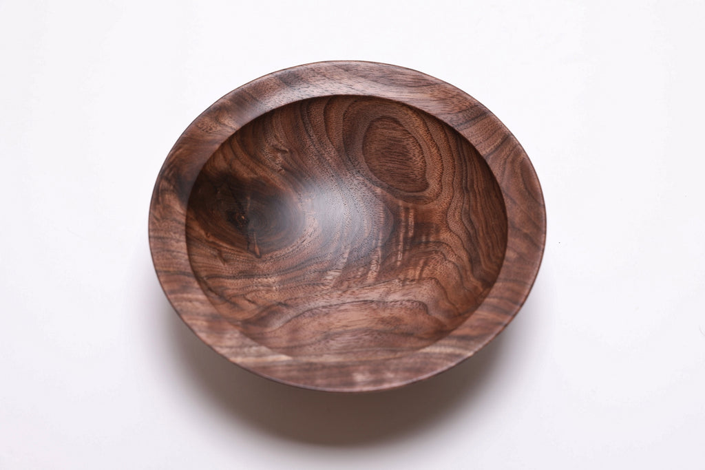 Wild black walnut crotch burl wooden bowl, top view at 270°, burl figure and food-safe oil finish