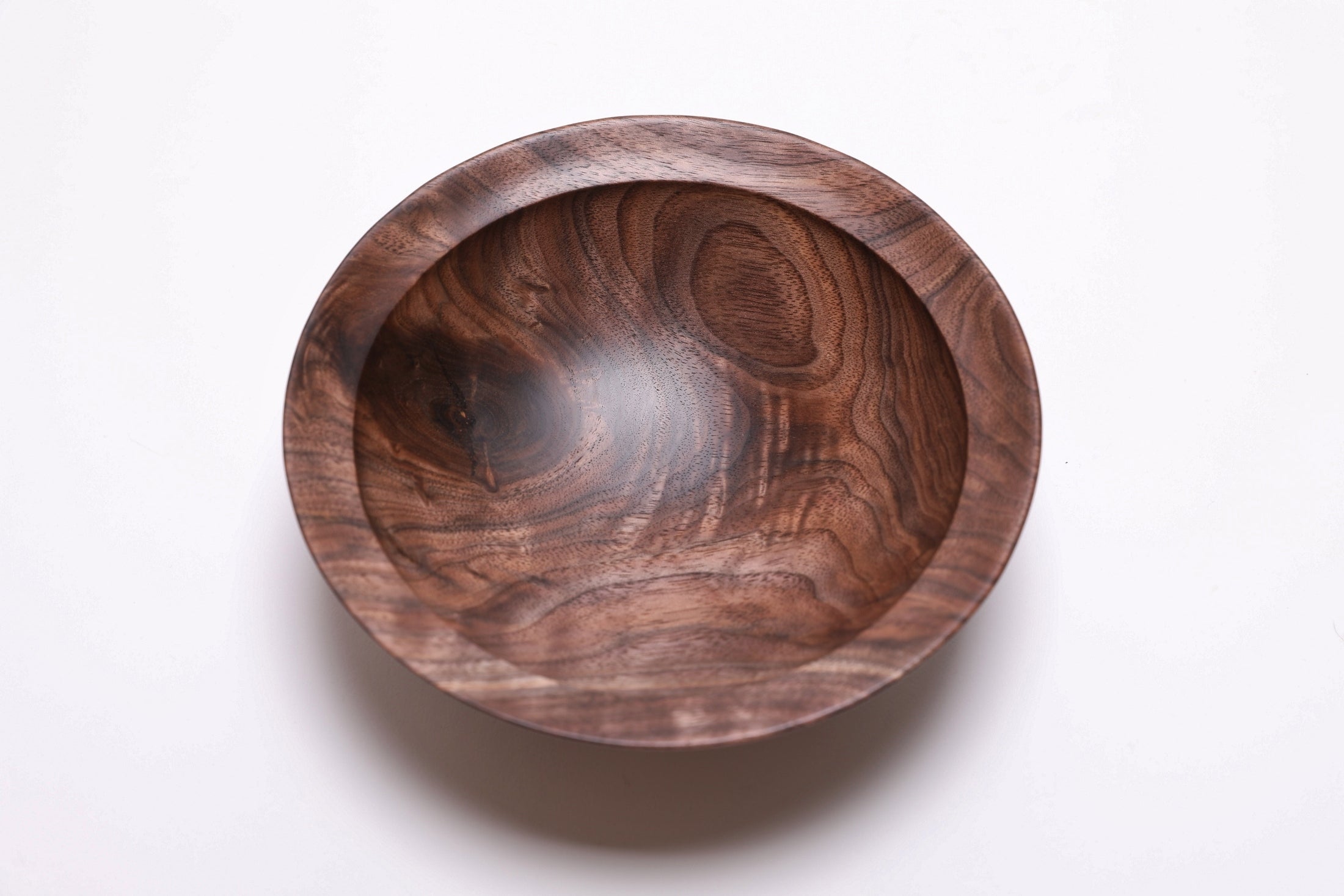 Wild black walnut crotch burl wooden bowl, top view at 270°, burl figure and food-safe oil finish