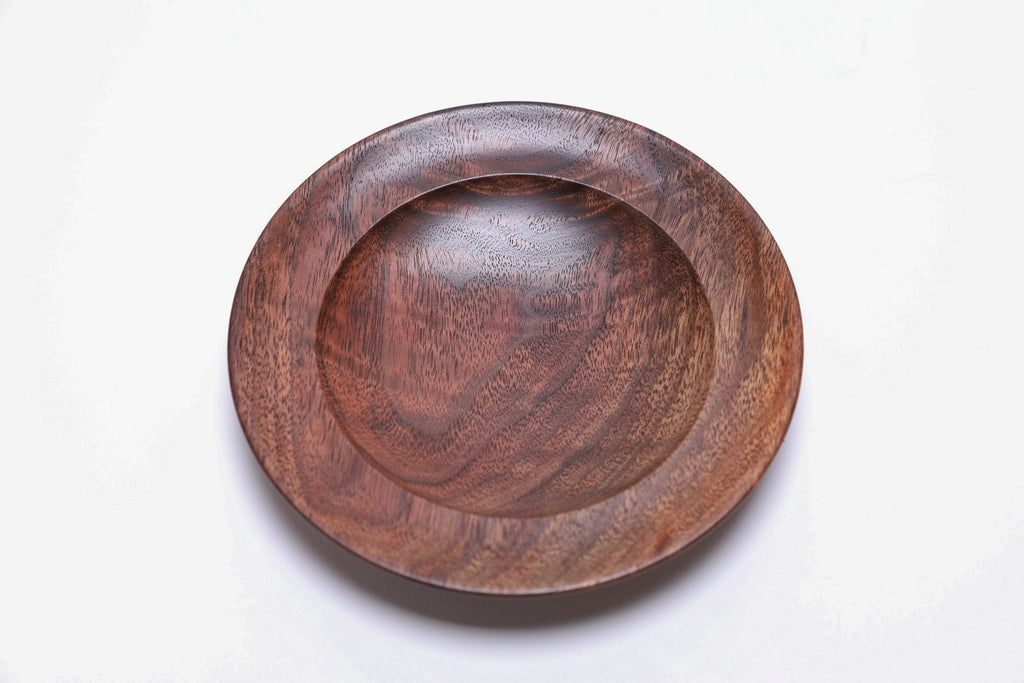 Black walnut crotch burl wooden jewelry dish, top view at 0°, showing intact burl figure and dark chocolate tones