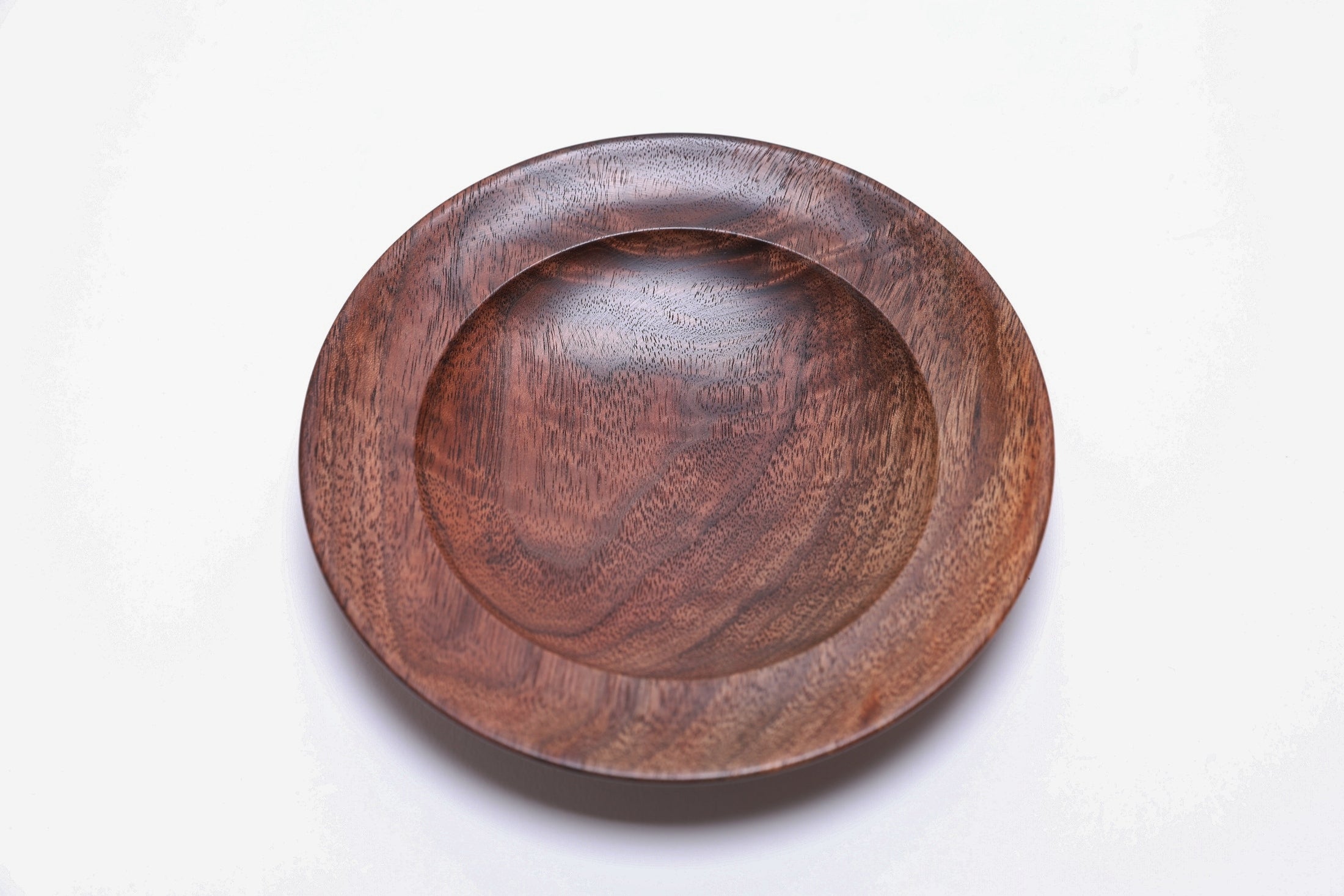 Black walnut crotch burl wooden jewelry dish, top view at 0°, showing intact burl figure and dark chocolate tones