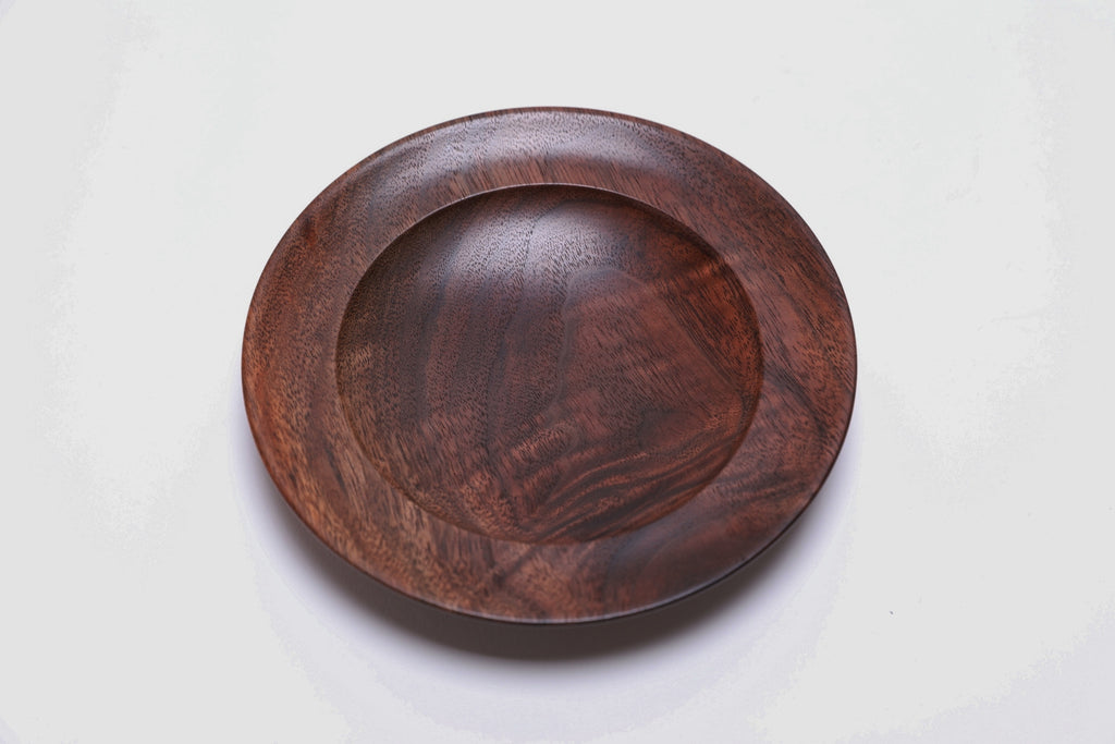 Black walnut crotch burl wooden jewelry dish, top view at 180°, rich chocolate and amber coloration across full surface