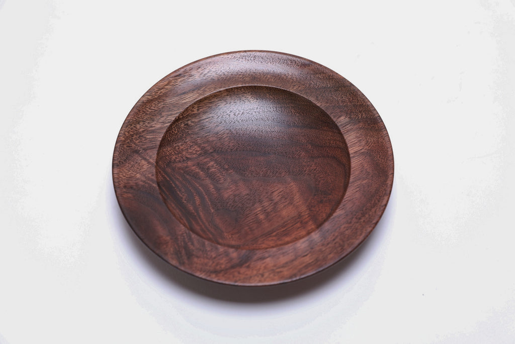 Black walnut crotch burl wooden jewelry dish, top view at 270°, natural burl figure and food-safe oil finish