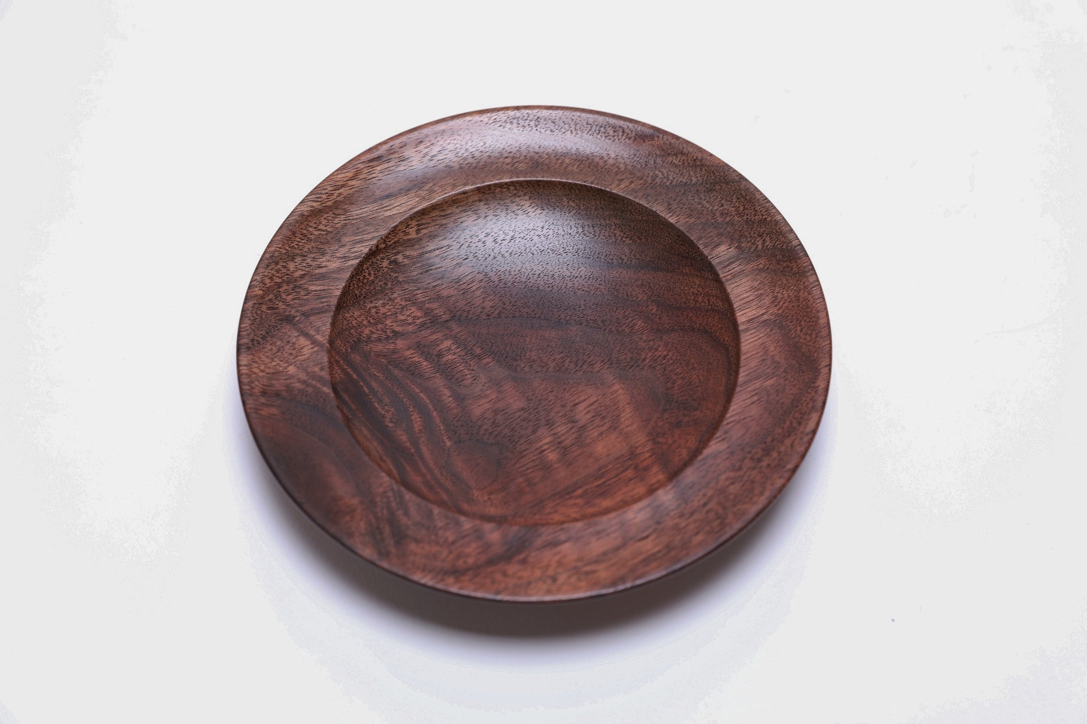 Black walnut crotch burl wooden jewelry dish, top view at 270°, natural burl figure and food-safe oil finish