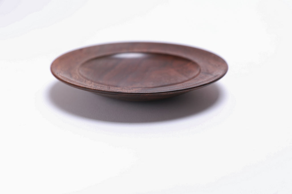 Black walnut crotch burl wooden jewelry dish, side view at 180°, natural oil finish and turned form
