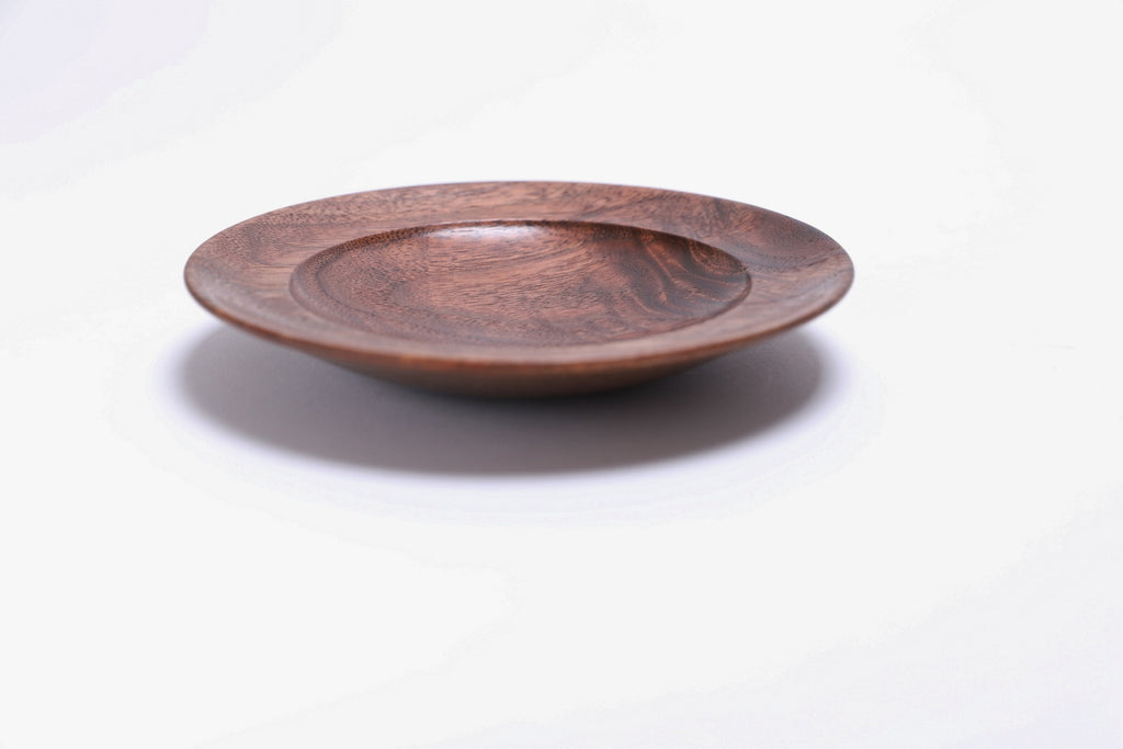  Black walnut crotch burl wooden jewelry dish, side view at 270°, raised foot and rich walnut color visible