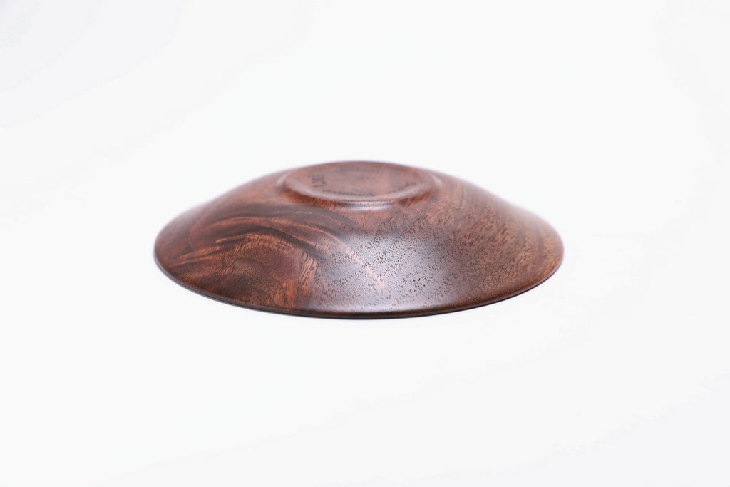 Black walnut crotch burl wooden jewelry dish, bottom view showing raised foot and natural finish
