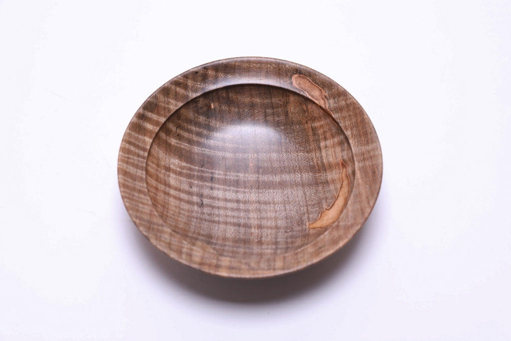 Spalted tiger ambrosia maple wooden bowl, top view at 90°, ambrosia patch with filled beetle hole visible