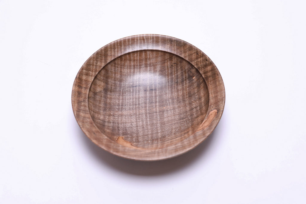 Spalted tiger ambrosia maple wooden bowl, top view at 180°, rich spalting and tiger figure detail
