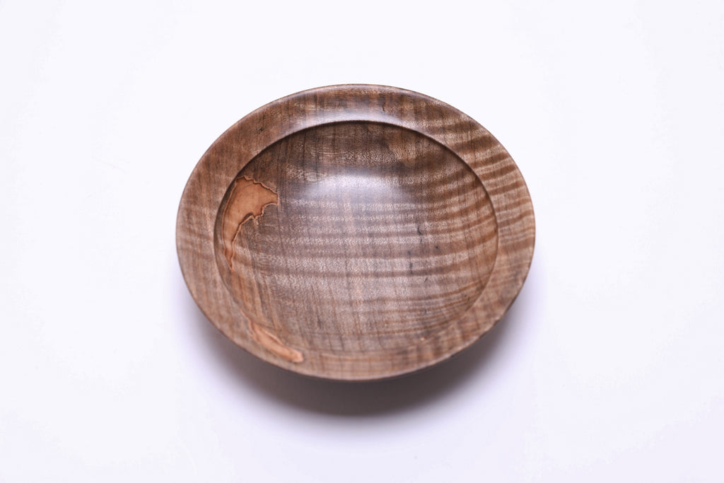Spalted tiger ambrosia maple wooden bowl, top view at 270°, stunning figure and natural grain