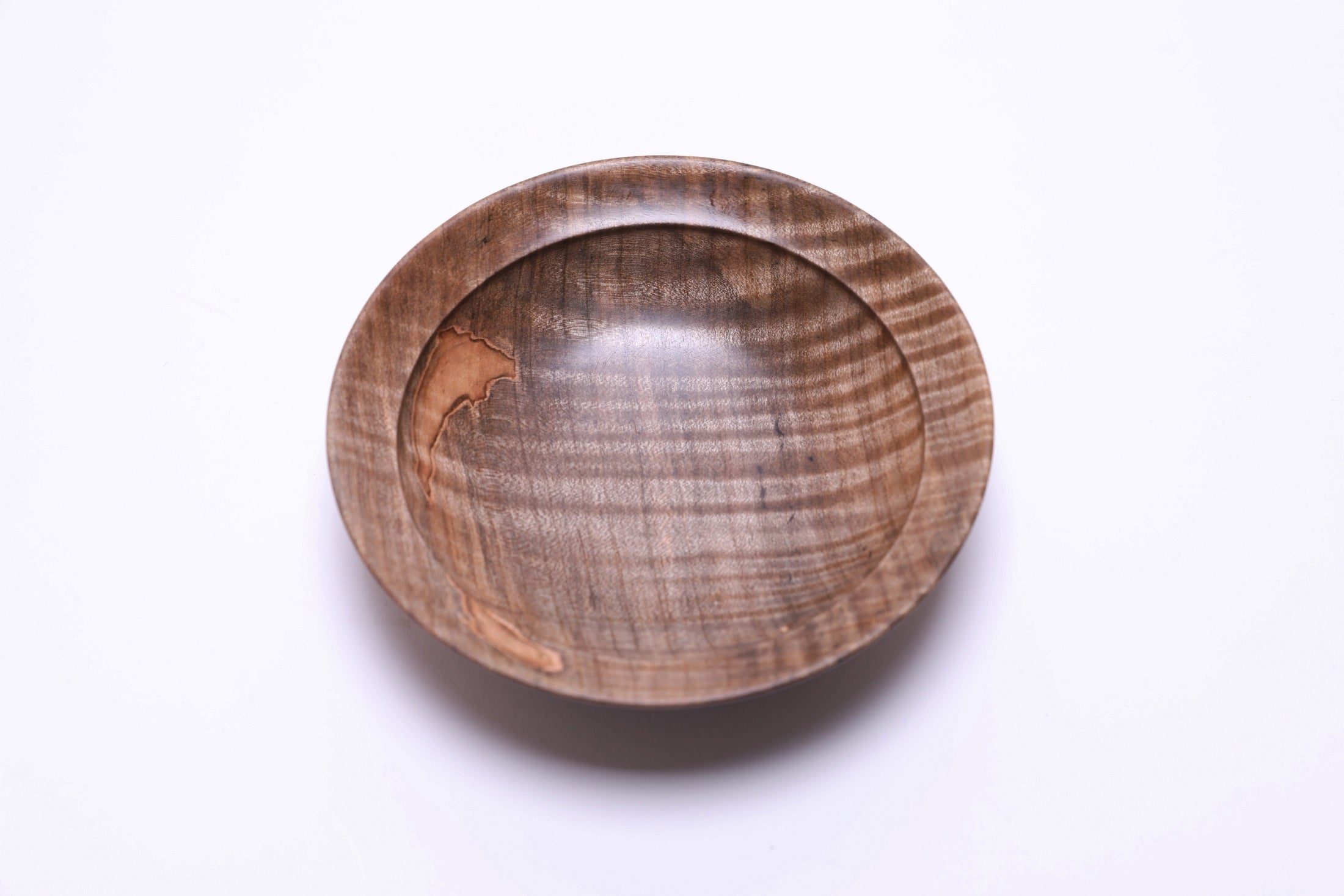 Spalted tiger ambrosia maple wooden bowl, top view at 270°, stunning figure and natural grain