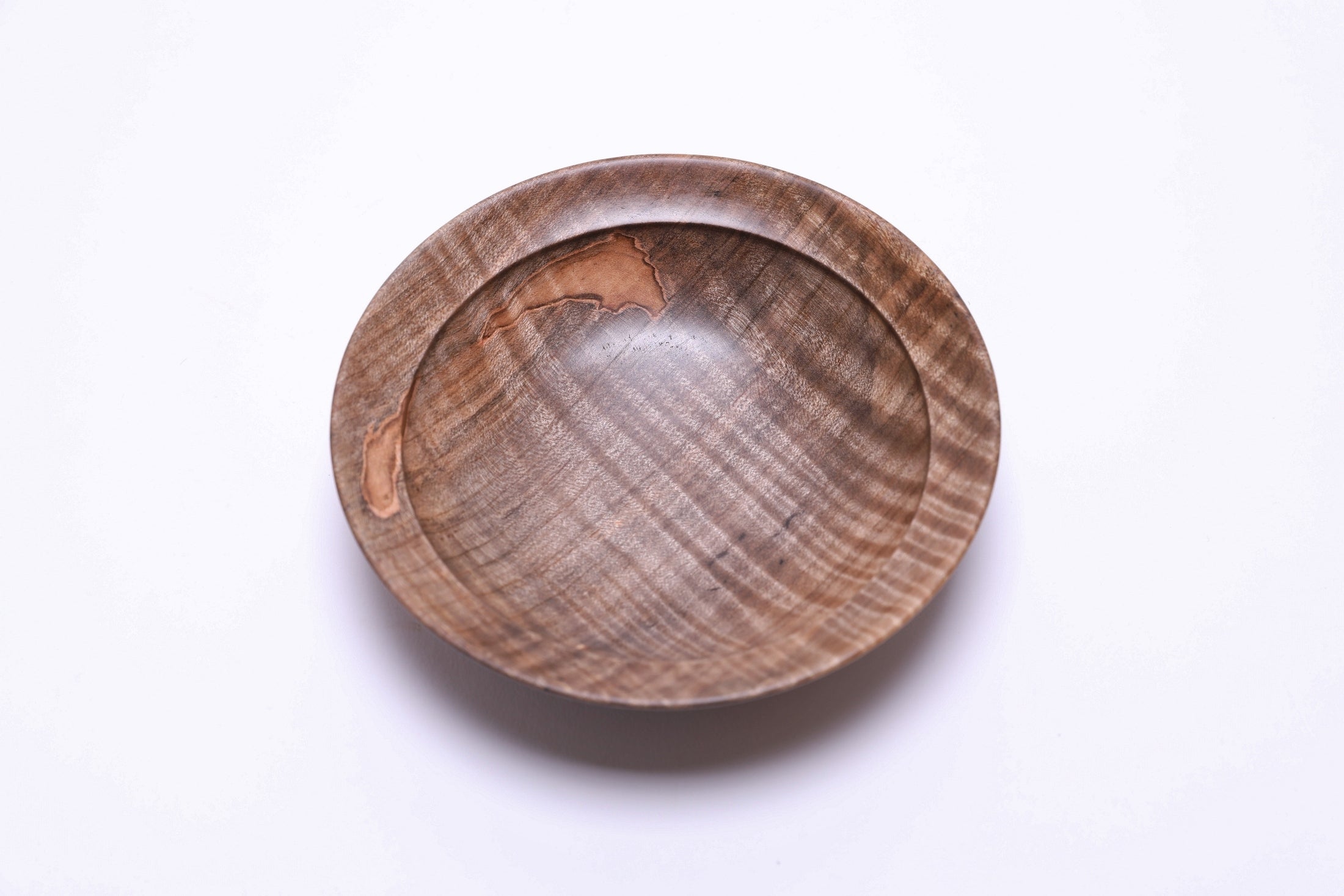 Spalted tiger ambrosia maple wooden bowl, top view at 315°, food-safe oil finish and undercut rim detail