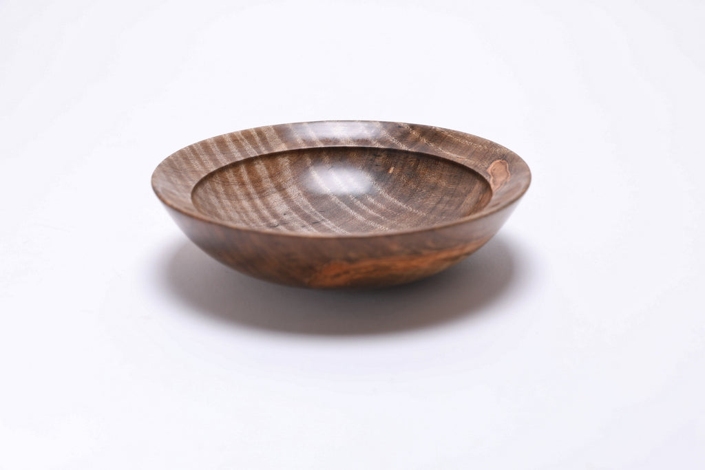 Spalted tiger ambrosia maple wooden bowl, side view at 180°, natural oil finish and turned form