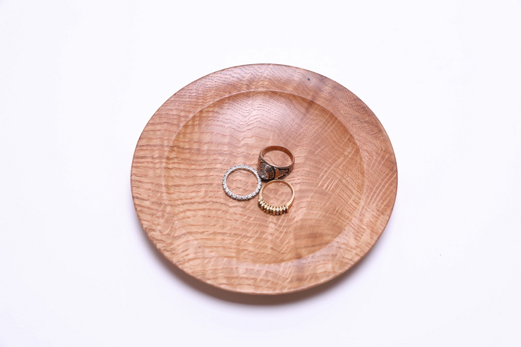 hite oak crotch burl ring dish shown with three rings for scale – 5 7/8" x 3/4" – Sanders Woodworking