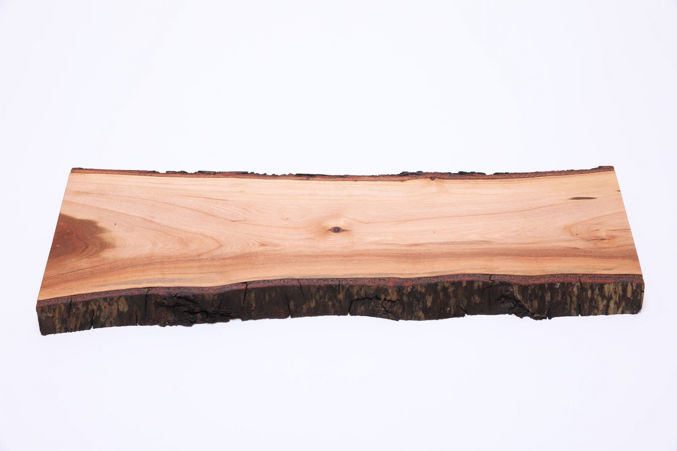 Wild black cherry charcuterie board with live bark edges, top view, food-safe natural oil finish, 16¾ × 5¾ inches