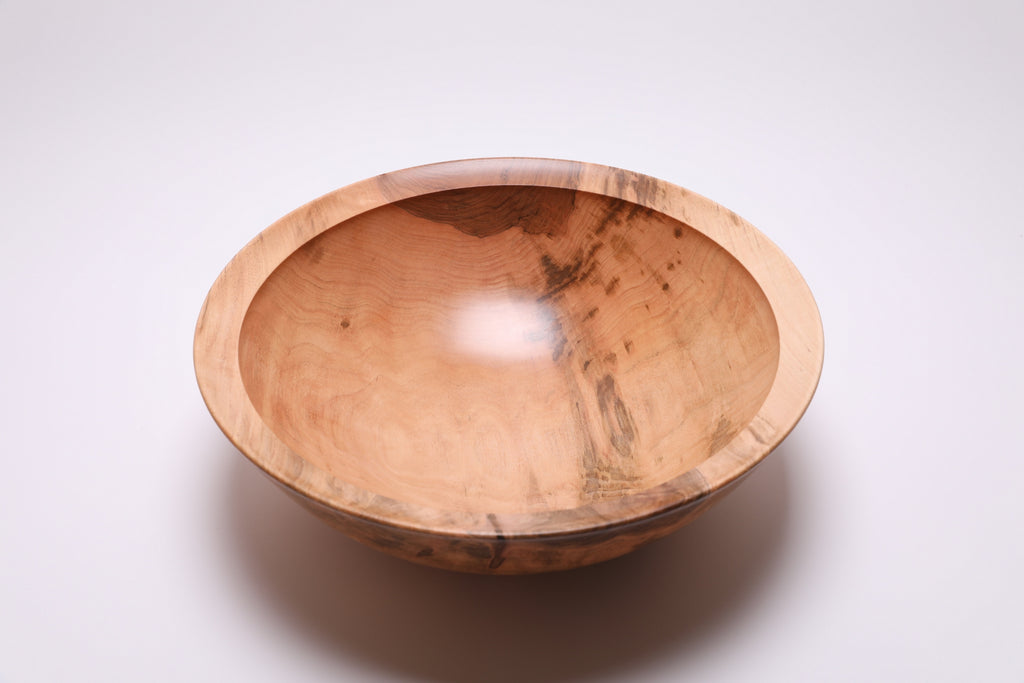 Large sugar maple bowl top view rotated 90°, striking heartwood figure and natural wood character