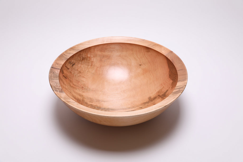 Large sugar maple bowl top view rotated 180°, dark brown heartwood contrasting with lighter sapwood