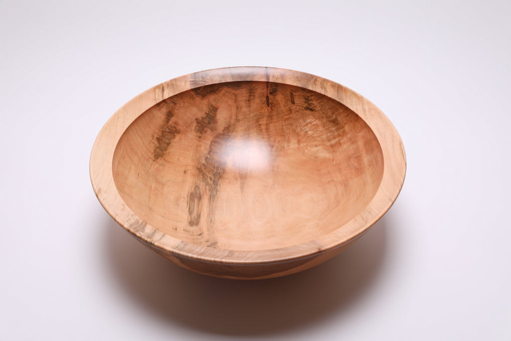 Large sugar maple bowl top view rotated 270°, gray-green splotches and food-safe oil finish
