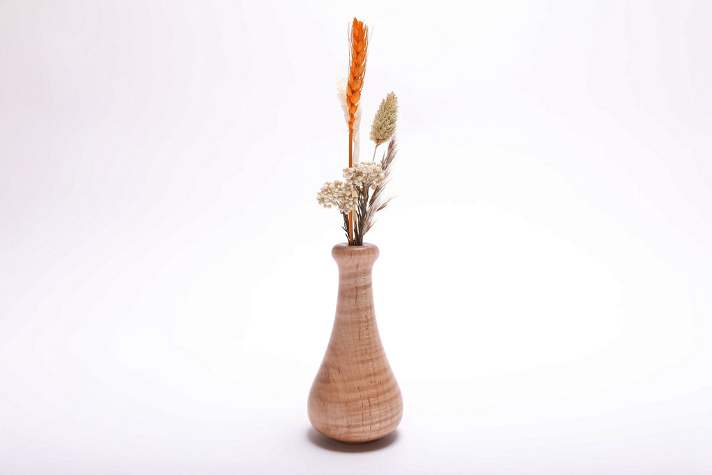 Tiger maple weed pot with dried flowers (not included), side view rotated 90° – chatoyant maple figure in natural light