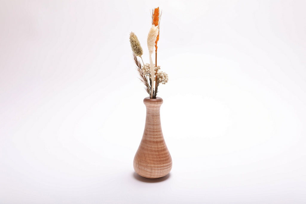 Tiger maple weed pot with dried flowers (not included), side view rotated 225° – handcrafted wood dry vase, made in NC