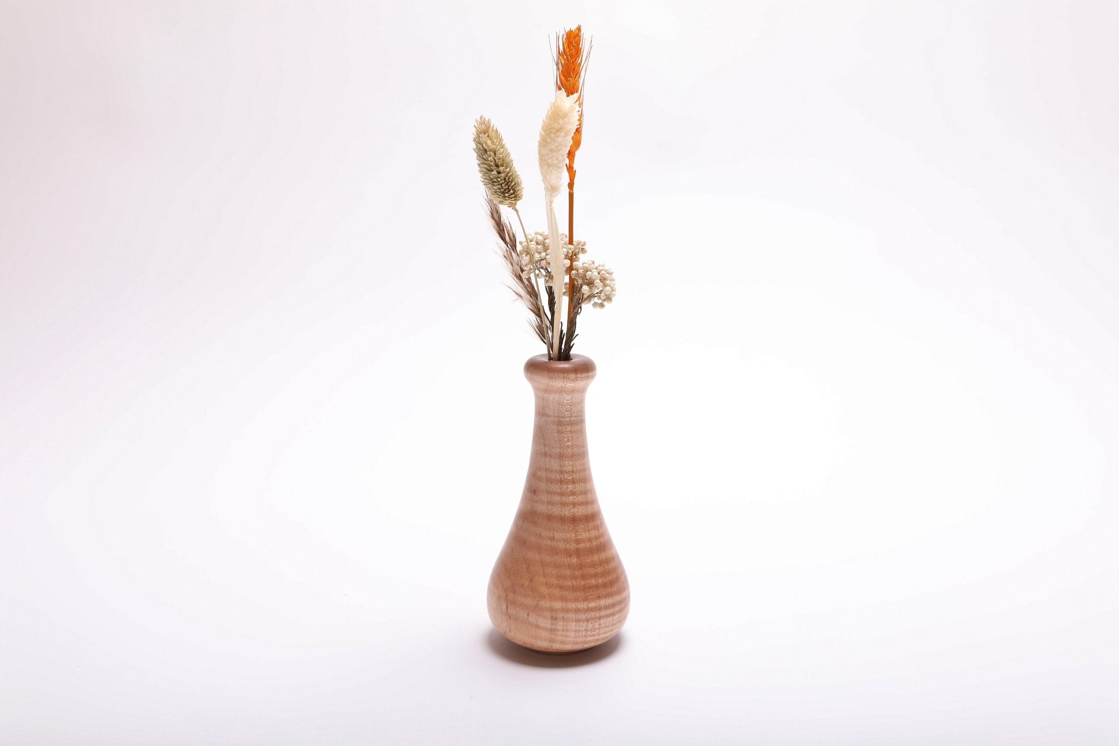 Tiger maple weed pot with dried flowers (not included), side view rotated 225° – handcrafted wood dry vase, made in NC