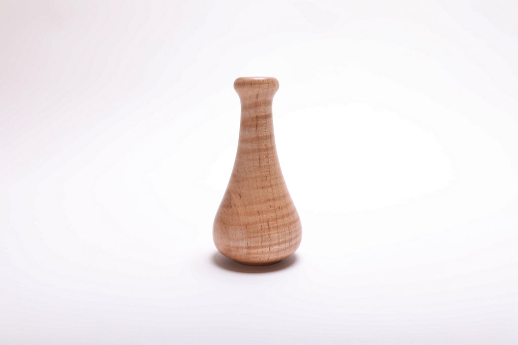 Tiger maple weed pot side view without flowers – showing full profile, natural oil finish, and wood figure