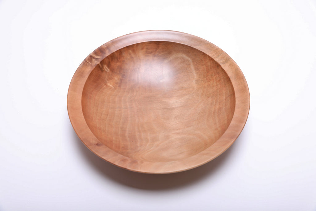 Sweet gum wooden bowl top view rotated 270°, burl figure and undercut rim detail