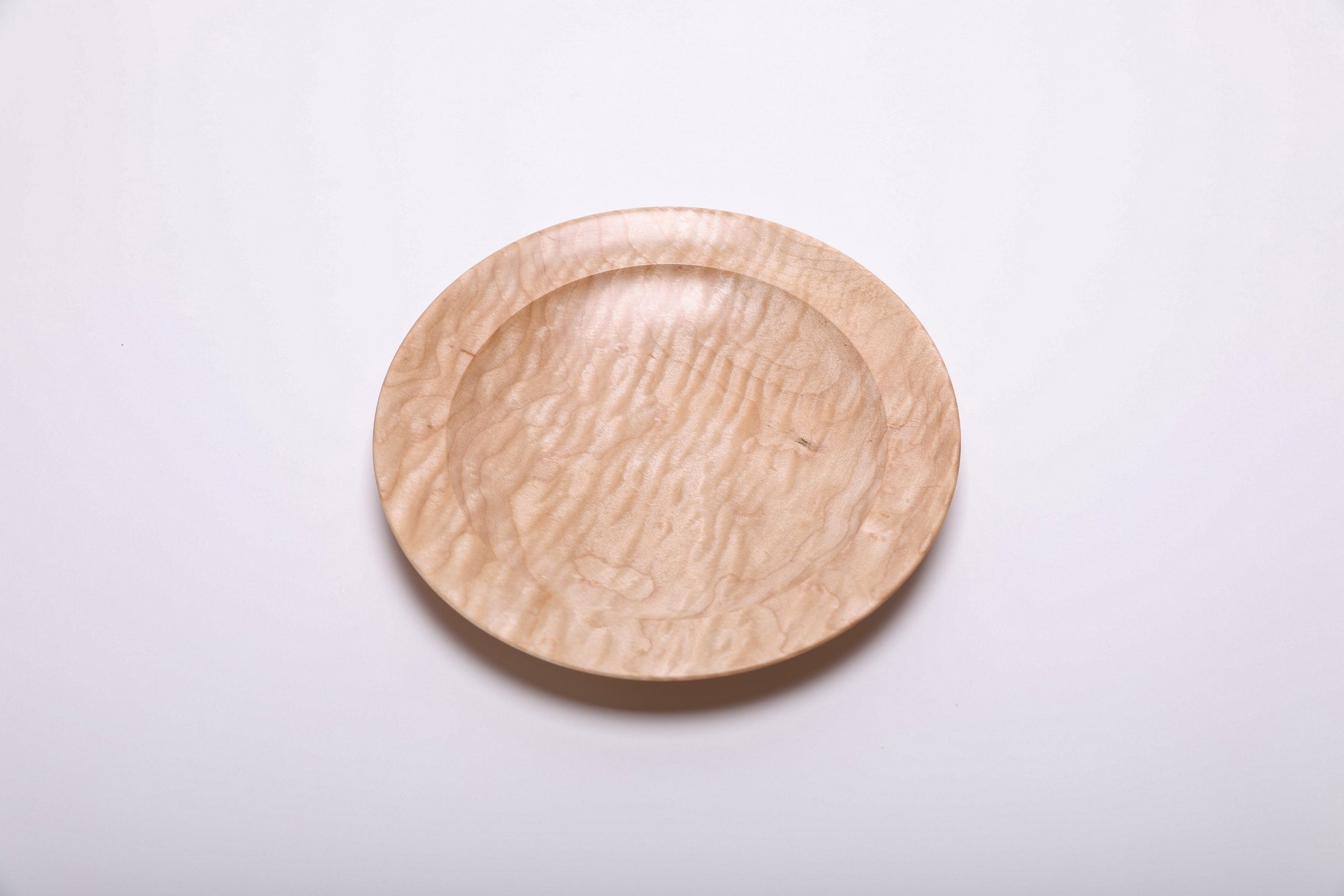 Curly quilted maple shallow bowl top view rotated 270°, undercut rim and rare quilted maple figure