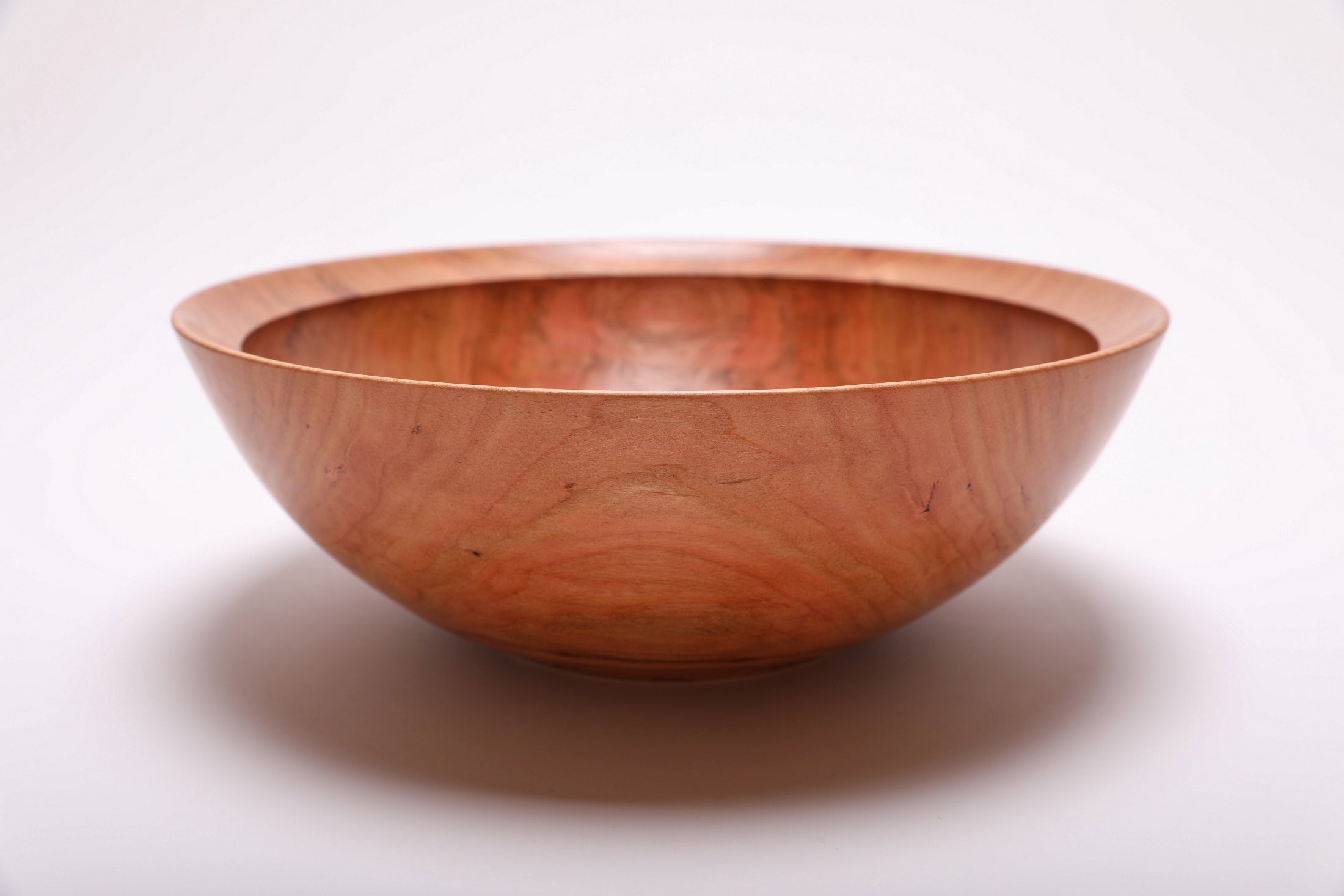 Spalted wild black cherry bowl side view rotated 90°, 4" deep profile and natural oil finish